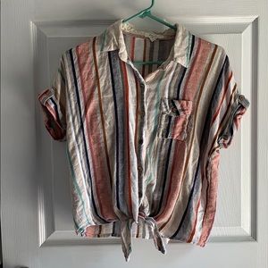 striped linen button down top